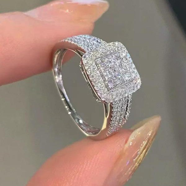 925 Sterling Silver Luxury Rhinestone Square Ring
