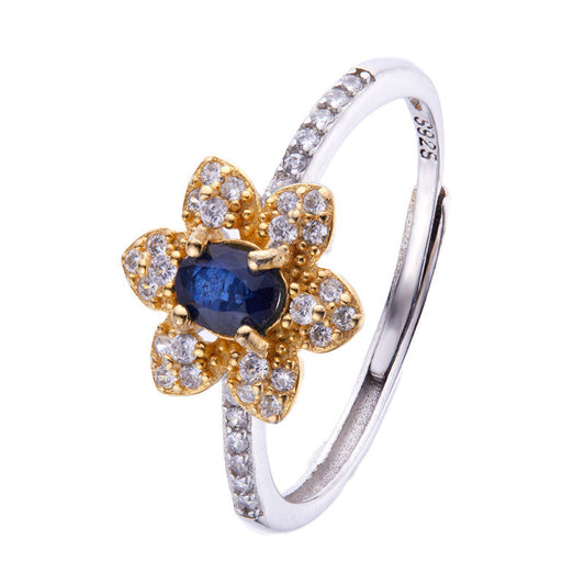Colored Gems Jewelry S925 Sterling Silver Inlaid Natural Sapphire Ring