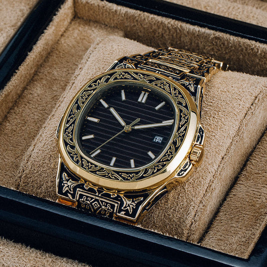 Men's Pattern Steel Belt Calendar Quartz Watch