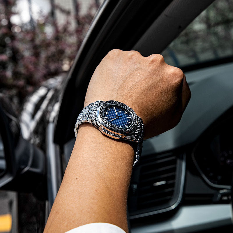 Men's Pattern Steel Belt Calendar Quartz Watch