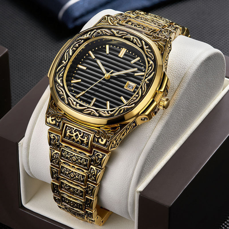 Men's Pattern Steel Belt Calendar Quartz Watch