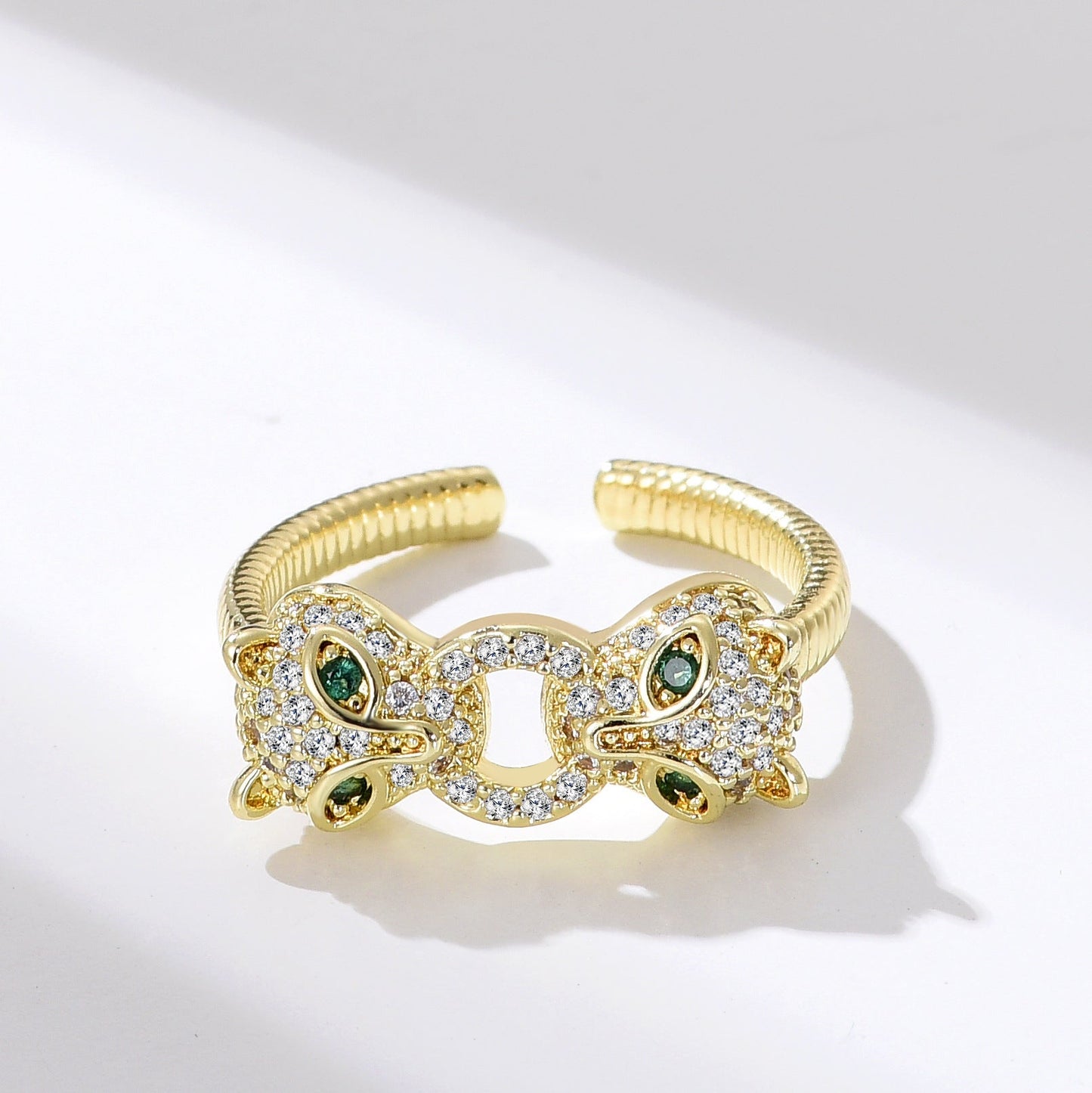 Zircon Double Panther Head Ring Popular Personality Hip-hop Pnunk Ring Cool Women Adjustable Leopard Finger Accessories