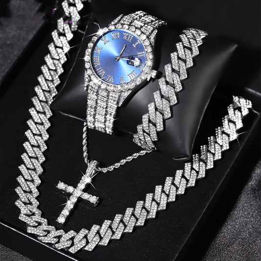 Diamond Luxury Steel Belt Quartz Watch Cuban Bracelet