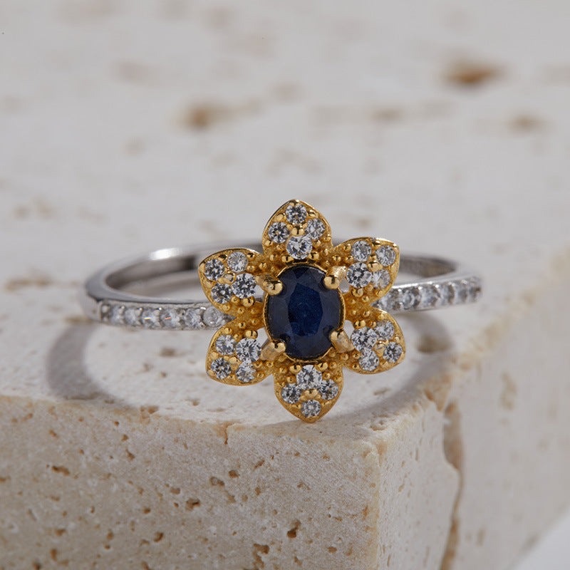 Colored Gems Jewelry S925 Sterling Silver Inlaid Natural Sapphire Ring