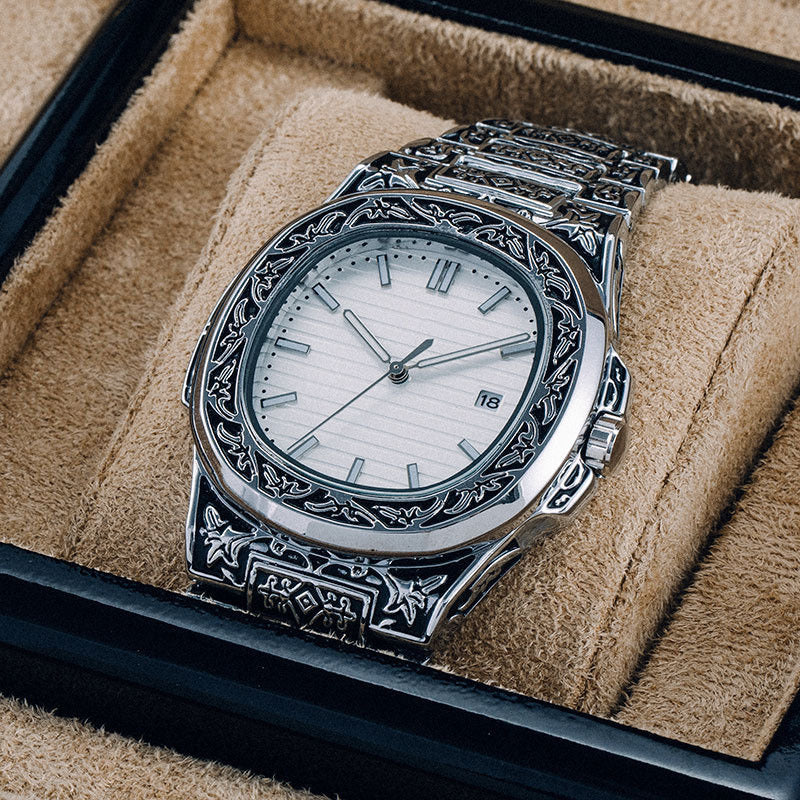 Men's Pattern Steel Belt Calendar Quartz Watch