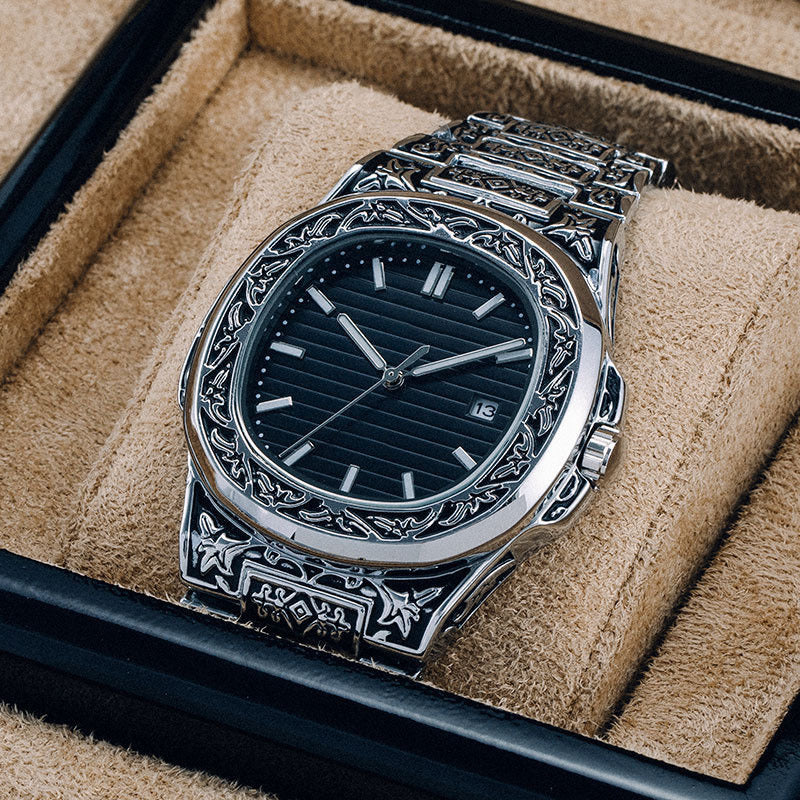 Men's Pattern Steel Belt Calendar Quartz Watch