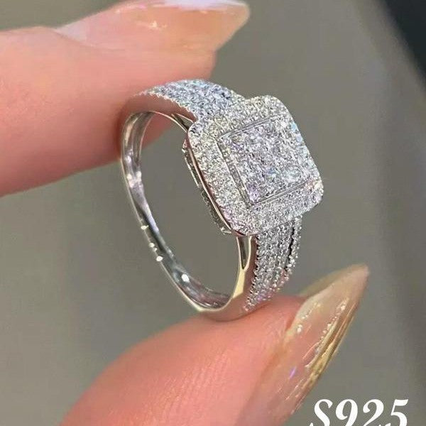 925 Sterling Silver Luxury Rhinestone Square Ring