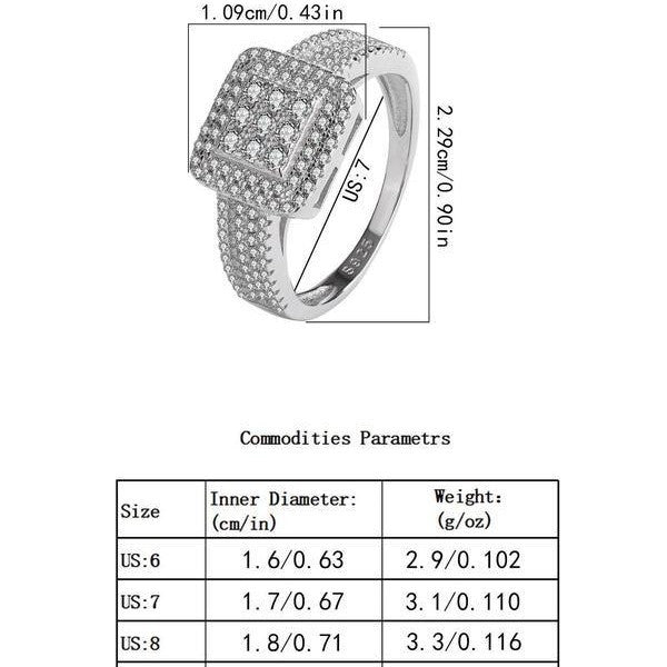 925 Sterling Silver Luxury Rhinestone Square Ring