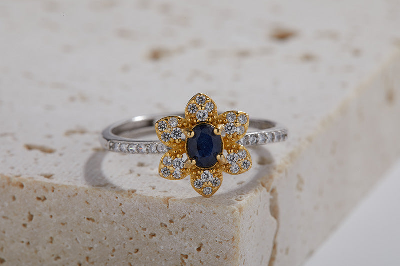 Colored Gems Jewelry S925 Sterling Silver Inlaid Natural Sapphire Ring
