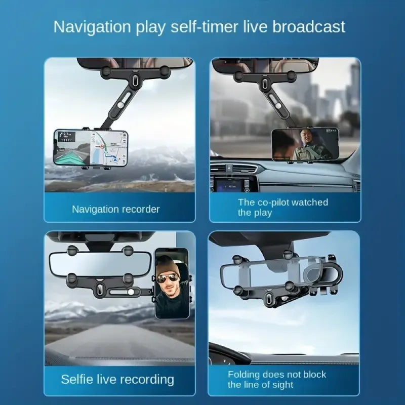 360° Car Rearview Mirror Phone Holder - Compatible with Phones and GPS